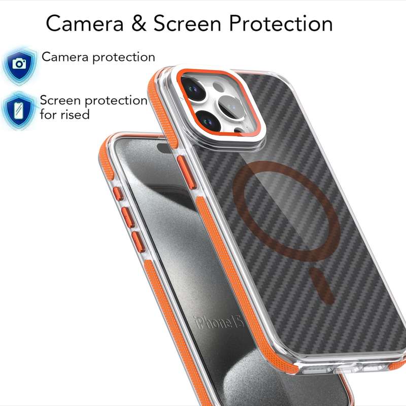 For iPhone 16 Pro Magsafe Dual-Color Carbon Fiber Lens Film Phone Case with Lens Fold Holder(Gr