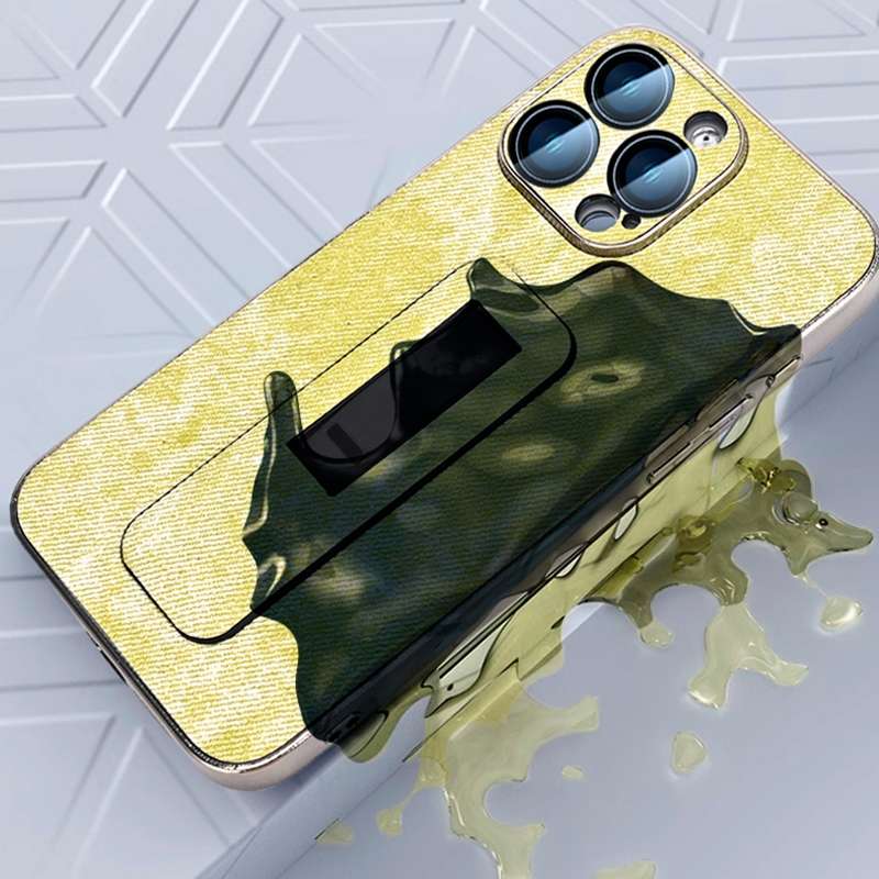 For iPhone 15 Pro Denim Pattern Electroplated Push-pull Bracket Cooling Phone Case(Yellow Green