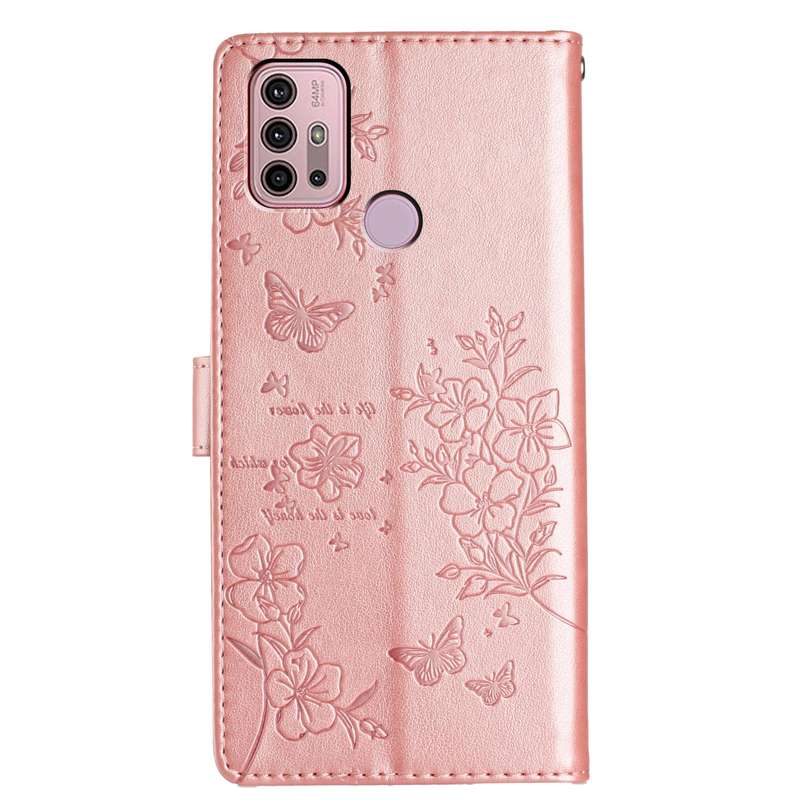 For Motorola Moto G30 Butterflies and Flowers Leather Phone Case(Rose Gold)