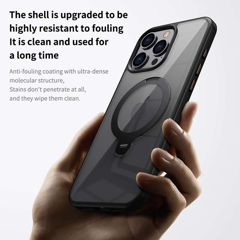 For iPhone 16 Pro Max Transparent MagSafe Magnetic Rotating Ring Holder Phone Case(Grey)