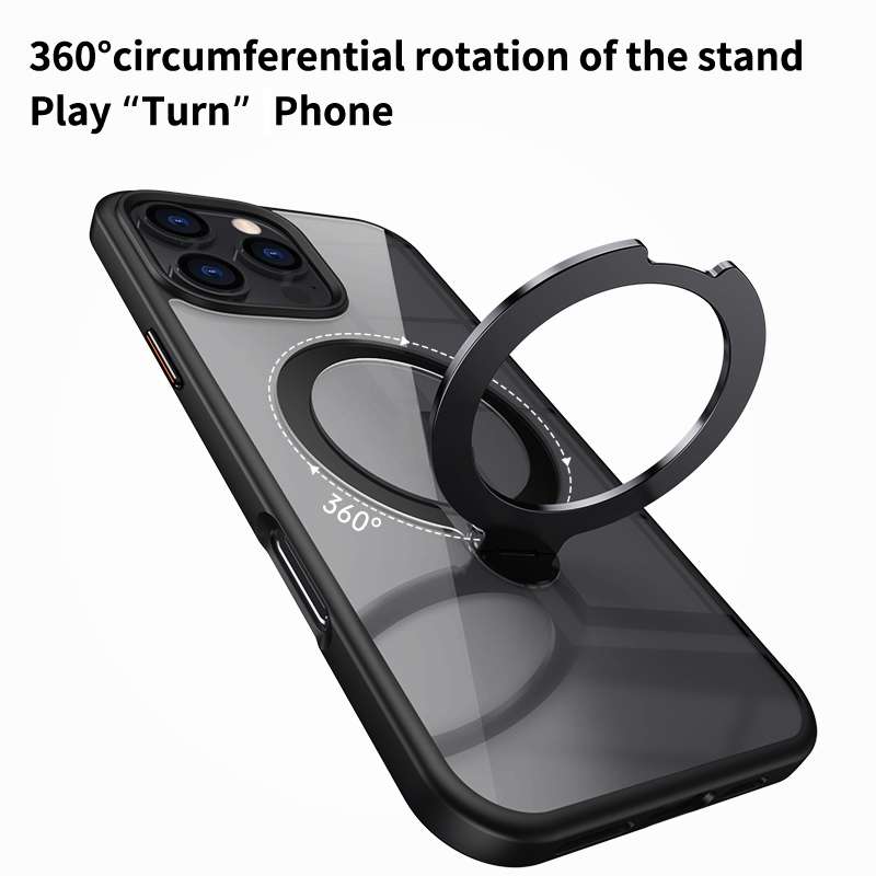 For iPhone 16 Pro Max Transparent MagSafe Magnetic Rotating Ring Holder Phone Case(Grey)