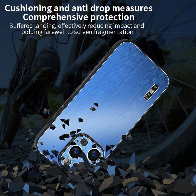 For iPhone 12 PC Hybrid Aluminum Alloy Brushed Shockproof Phone Case(Blue)