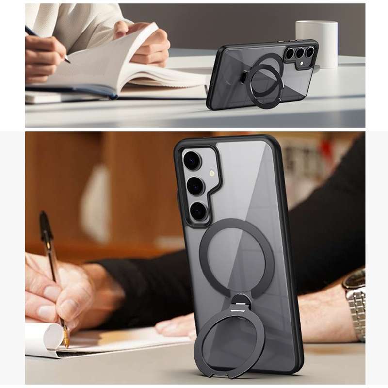 For Samsung Galaxy S23 5G Transparent MagSafe Magnetic Rotating Ring Holder Phone Case(Black)