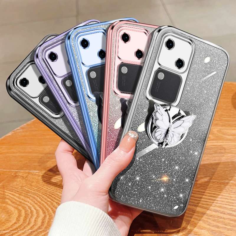 For vivo S18 Plated Gradient Glitter Butterfly Holder TPU Phone Case(Pink)