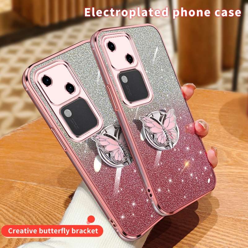 For vivo S18 Plated Gradient Glitter Butterfly Holder TPU Phone Case(Pink)
