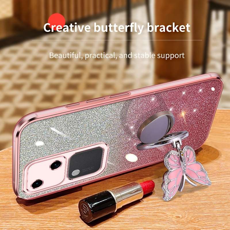 For vivo S18 Plated Gradient Glitter Butterfly Holder TPU Phone Case(Pink)