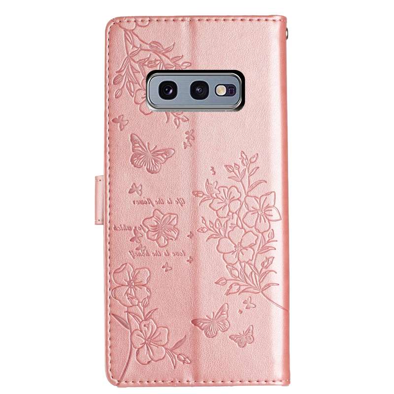 For Samsung Galaxy S10e Butterflies and Flowers Leather Phone Case(Rose Gold)