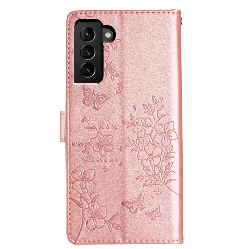For Samsung Galaxy S21 FE 5G Butterflies and Flowers Leather Phone Case(Rose Gold)