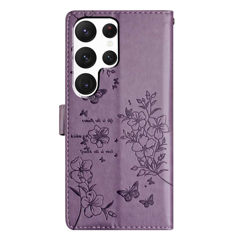 For Samsung Galaxy S22 Ultra 5G Butterflies and Flowers Leather Phone Case(Purple)