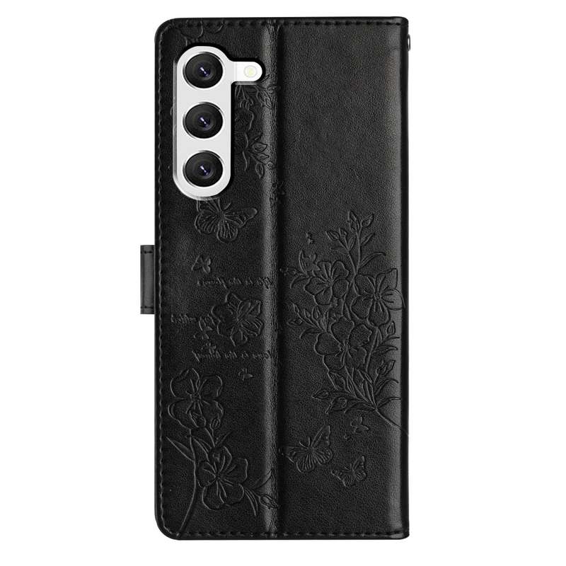 For Samsung Galaxy S23 5G Butterflies and Flowers Leather Phone Case(Black)