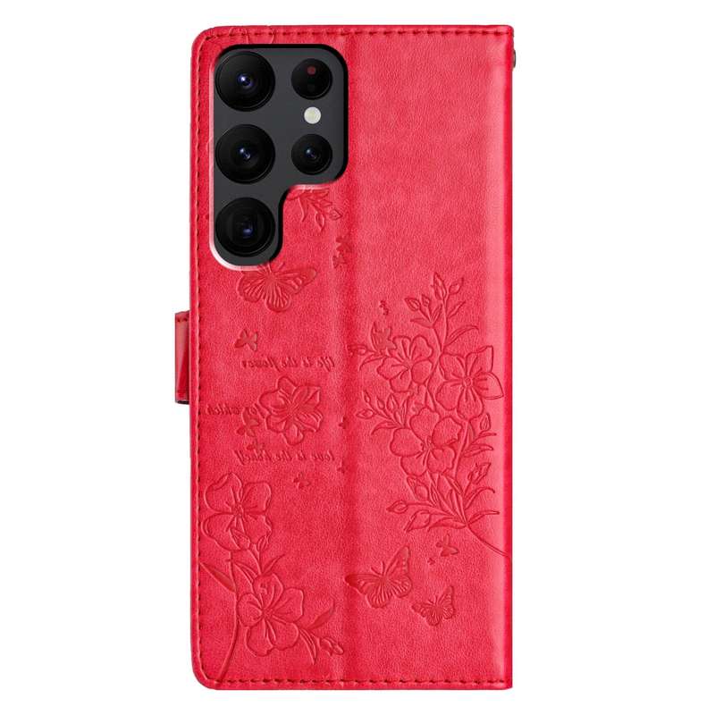 For Samsung Galaxy S24 Ultra 5G Butterflies and Flowers Leather Phone Case(Red)