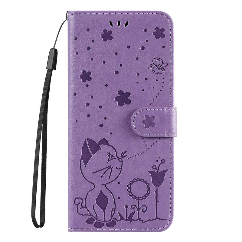 For Motorola Edge 50 Fusion Cat and Bee Embossed Flip Leather Phone Case(Purple)