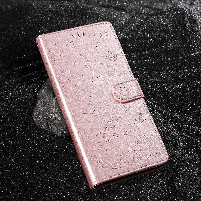 For vivo Y28 4G Cat and Bee Embossed Flip Leather Phone Case(Rose Gold)