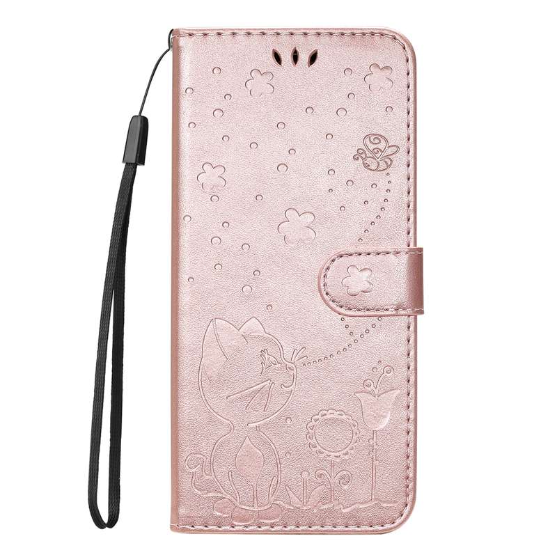 For vivo Y28 4G Cat and Bee Embossed Flip Leather Phone Case(Rose Gold)