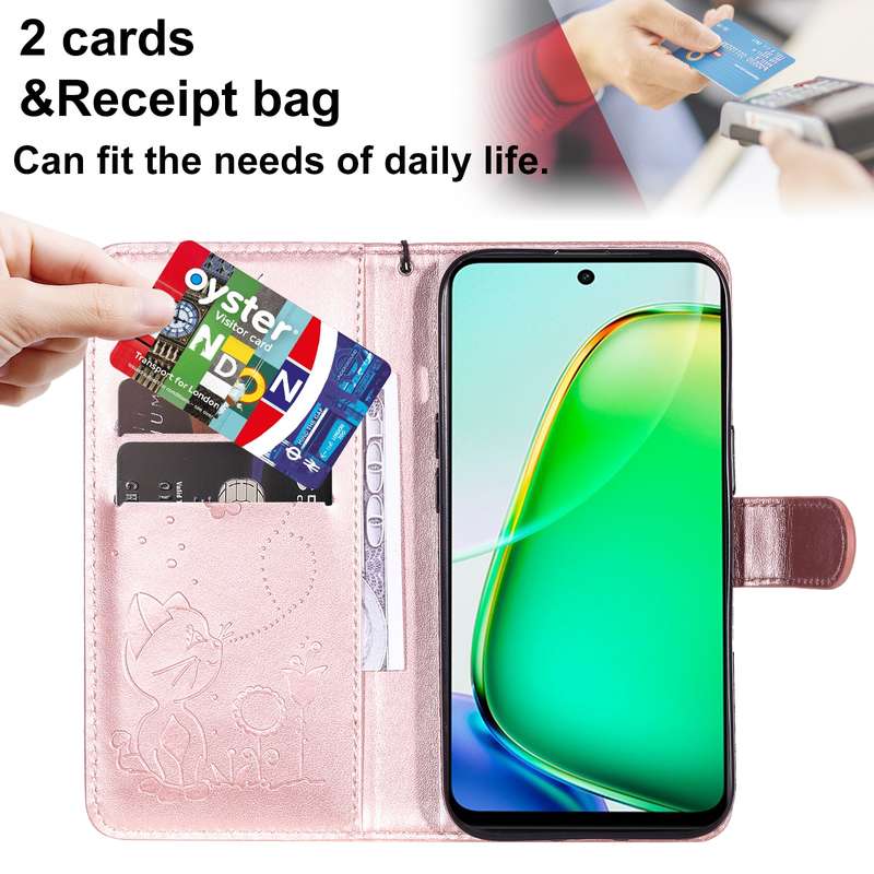 For vivo Y28 4G Cat and Bee Embossed Flip Leather Phone Case(Rose Gold)