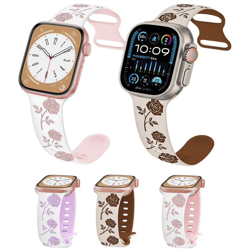 For Apple Watch Ultra 2 49mm Two-color Rose Engraved Silicone Watch Band(White Pink)