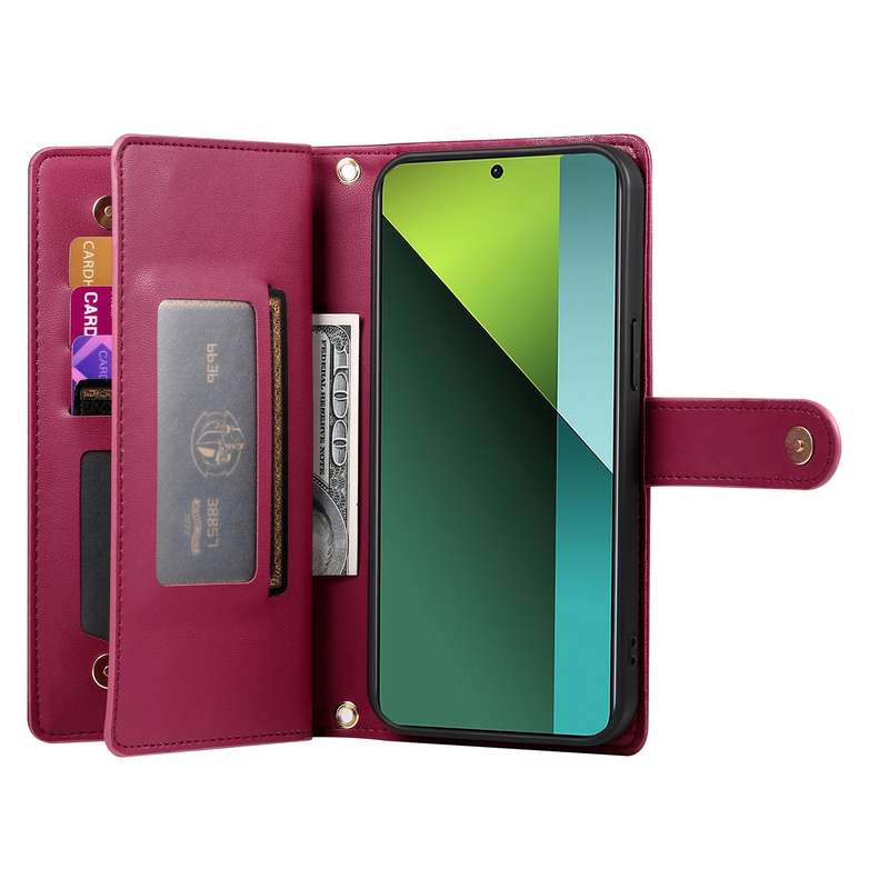 For Redmi Note 13 Pro 5G / Xiaomi Poco X6 Nine Card-slot Zipper Wallet Bag Leather Phone Case(R