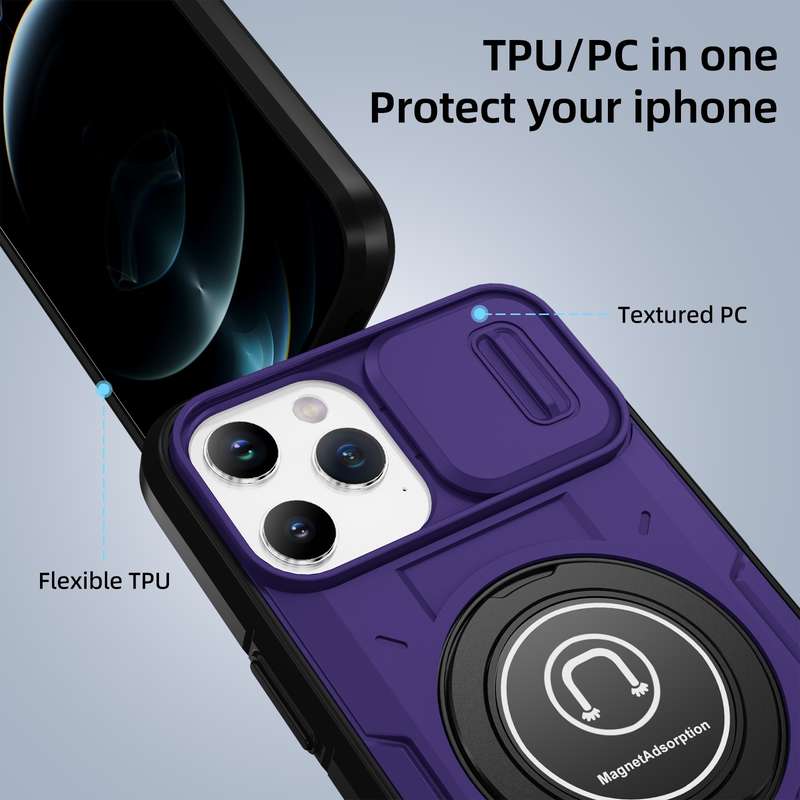 For iPhone 12 Pro Max Sliding Camshield TPU Hybrid PC Magnetic Holder Phone Case(Purple)