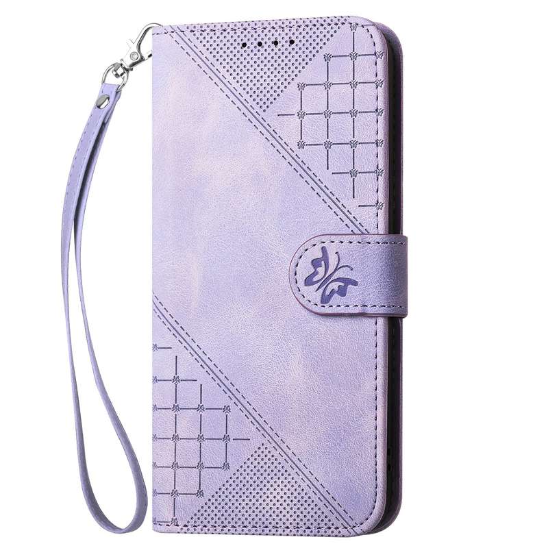 For iPhone 13 Pro Max YX0080 Grid Butterfly Embossed Pattern Flip Leather Phone Case with Lanya
