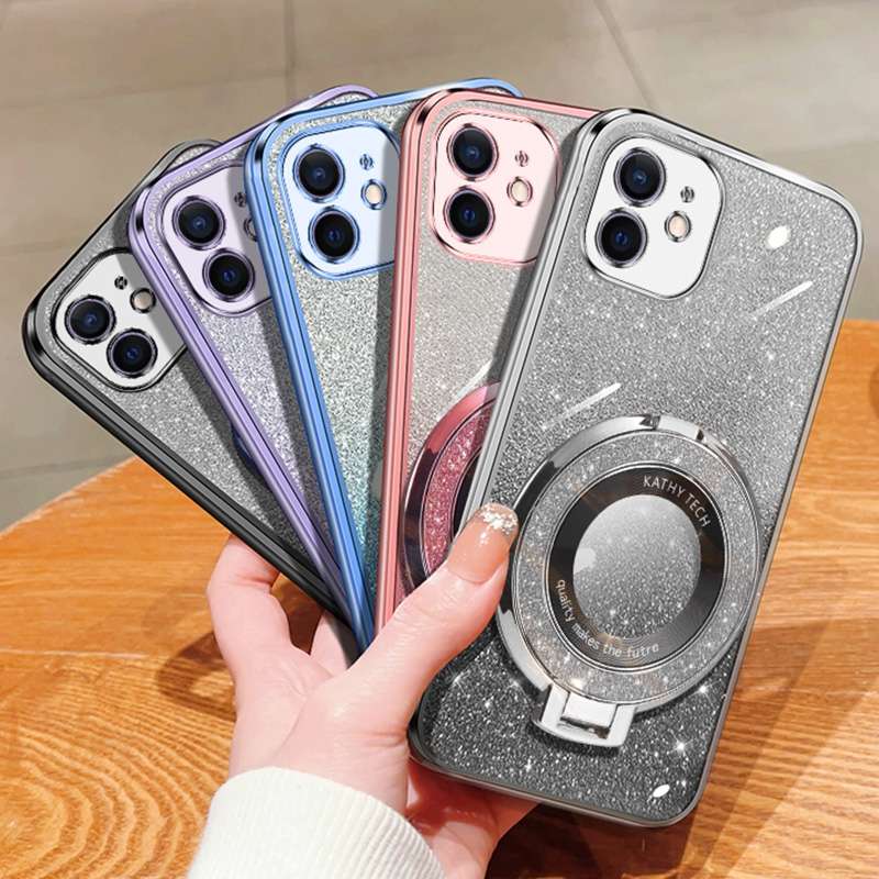 For iPhone 12 mini Plated Gradient Glitter Round Holder TPU Phone Case(Black)