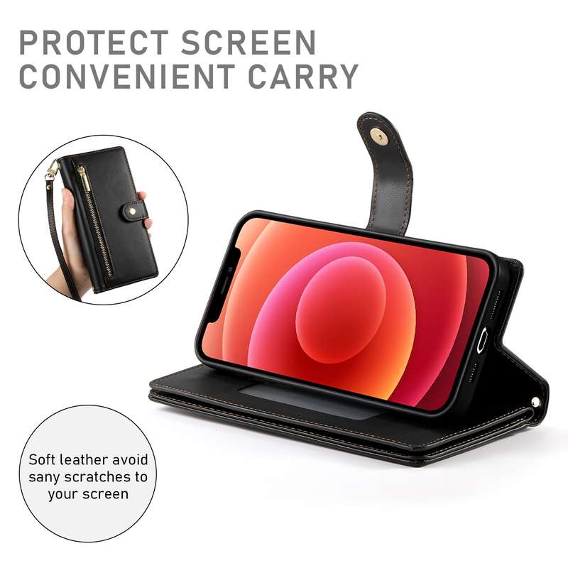 For iPhone 12 / 12 Pro Nine Card-slot Zipper Wallet Bag Leather Phone Case(Black)