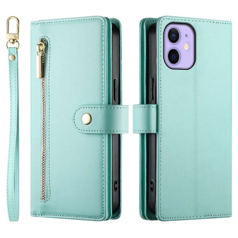 For iPhone 12 mini Nine Card-slot Zipper Wallet Bag Leather Phone Case(Mint Green)
