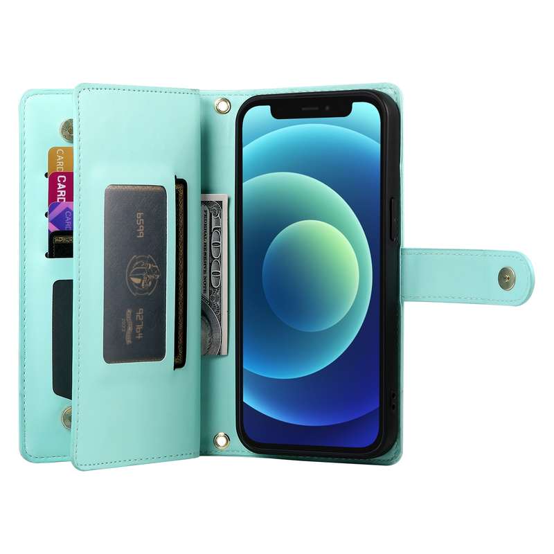 For iPhone 12 mini Nine Card-slot Zipper Wallet Bag Leather Phone Case(Mint Green)