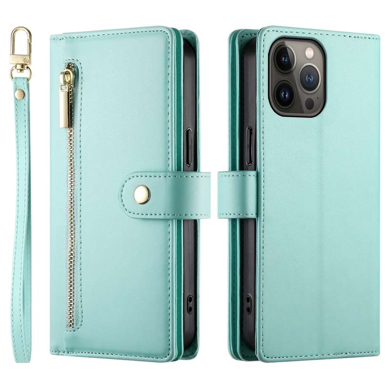 For iPhone 13 Pro Max Nine Card-slot Zipper Wallet Bag Leather Phone Case(Mint Green)