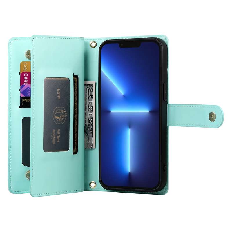 For iPhone 13 Pro Max Nine Card-slot Zipper Wallet Bag Leather Phone Case(Mint Green)
