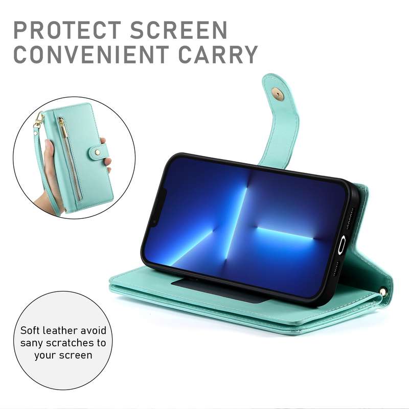 For iPhone 13 Pro Max Nine Card-slot Zipper Wallet Bag Leather Phone Case(Mint Green)