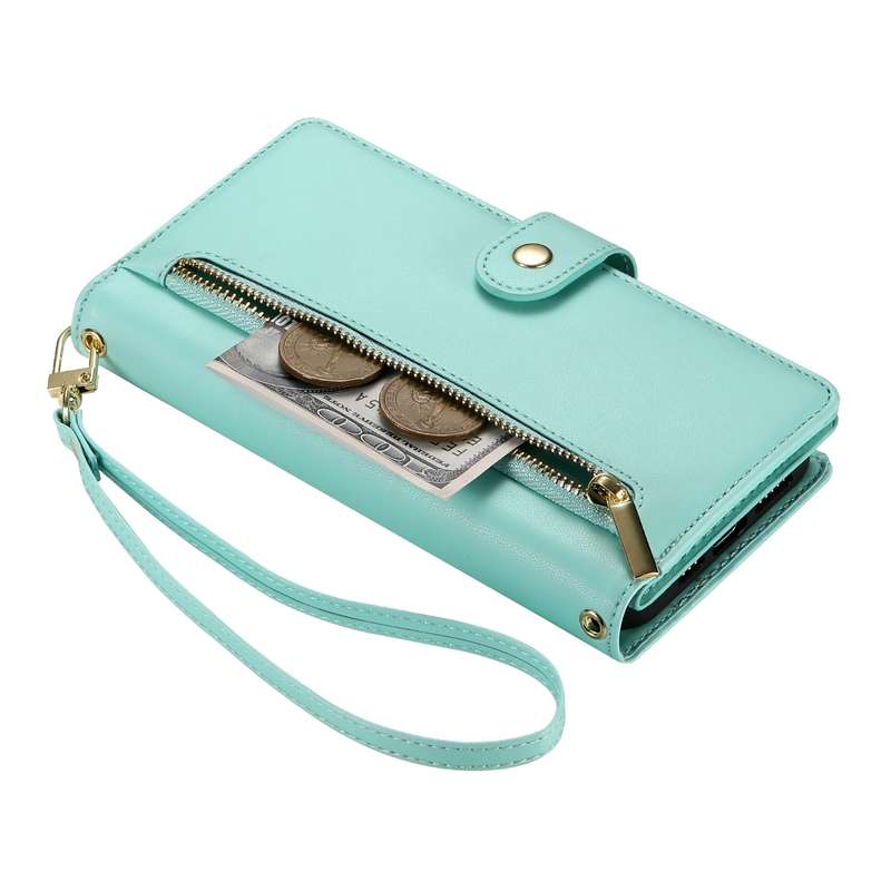 For iPhone 13 Pro Max Nine Card-slot Zipper Wallet Bag Leather Phone Case(Mint Green)