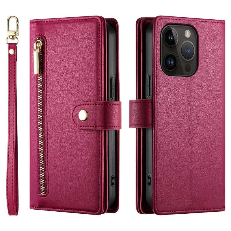 For iPhone 14 Pro Nine Card-slot Zipper Wallet Bag Leather Phone Case(Red)