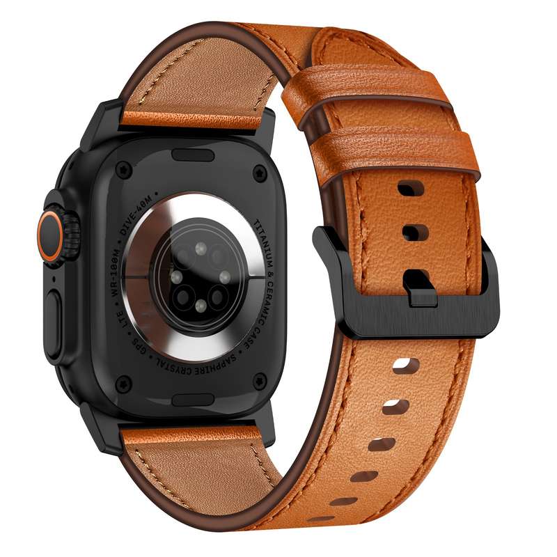 For Apple Watch Series 4 44mm Wilderness Top-grain Leather Watch Band(Black Connector Brown)