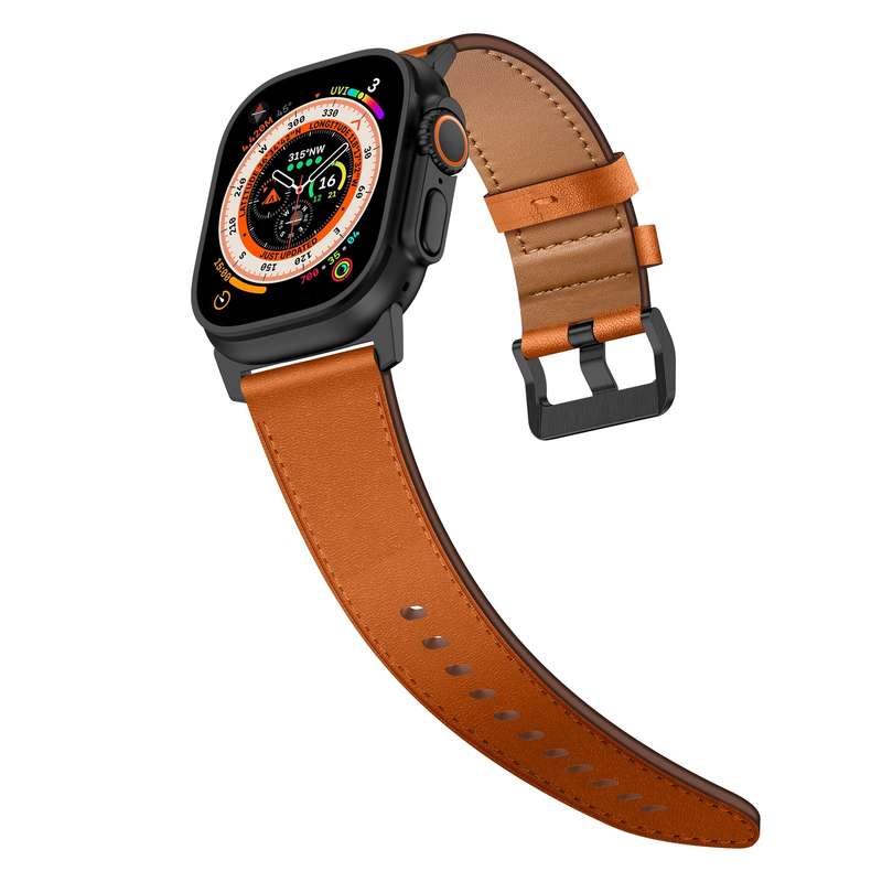 For Apple Watch Series 4 44mm Wilderness Top-grain Leather Watch Band(Black Connector Brown)