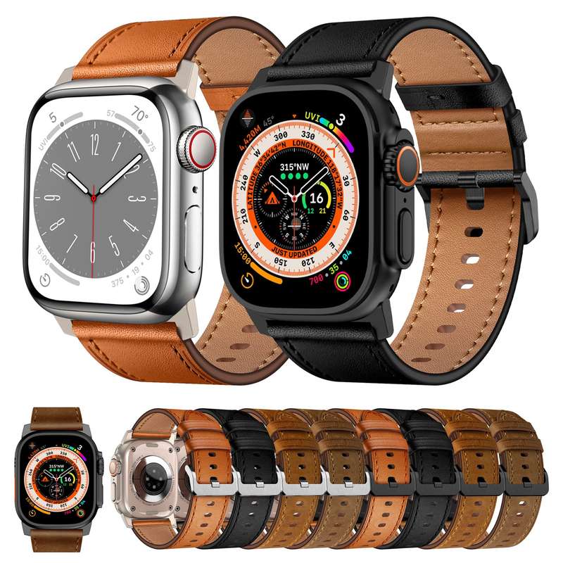 For Apple Watch Series 4 44mm Wilderness Top-grain Leather Watch Band(Black Connector Brown)