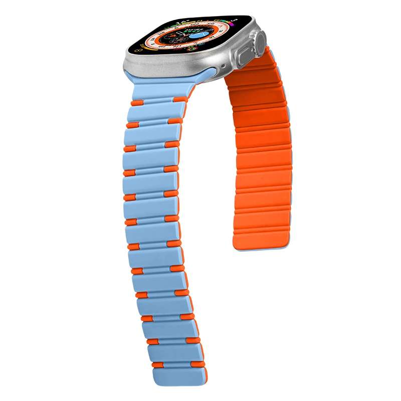 For Apple Watch Series 8 45mm Two-color Magnetic Silicone Watch Band(Mist Blue Orange)