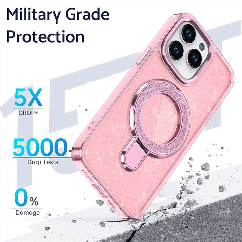 For iPhone 16 Pro Glitter Ring Holder MagSafe Phone Case(Black)