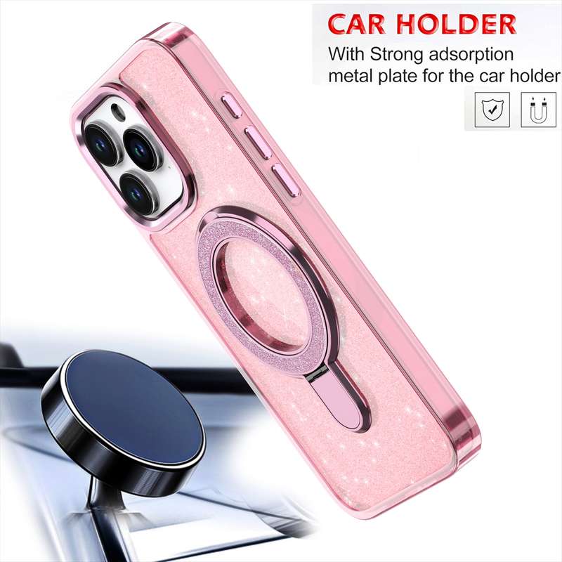 For iPhone 16 Pro Glitter Ring Holder MagSafe Phone Case(Black)