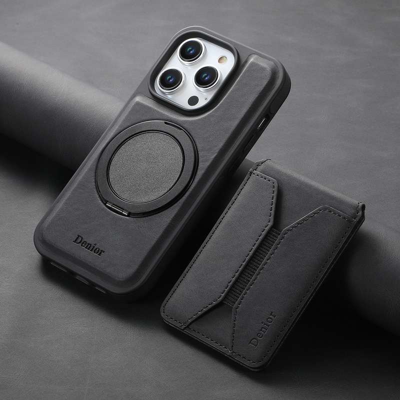 For iPhone 15 Pro Max Denior D18 Skin Feel Rotating Holder MagSafe Detachable Card Slot Phone C