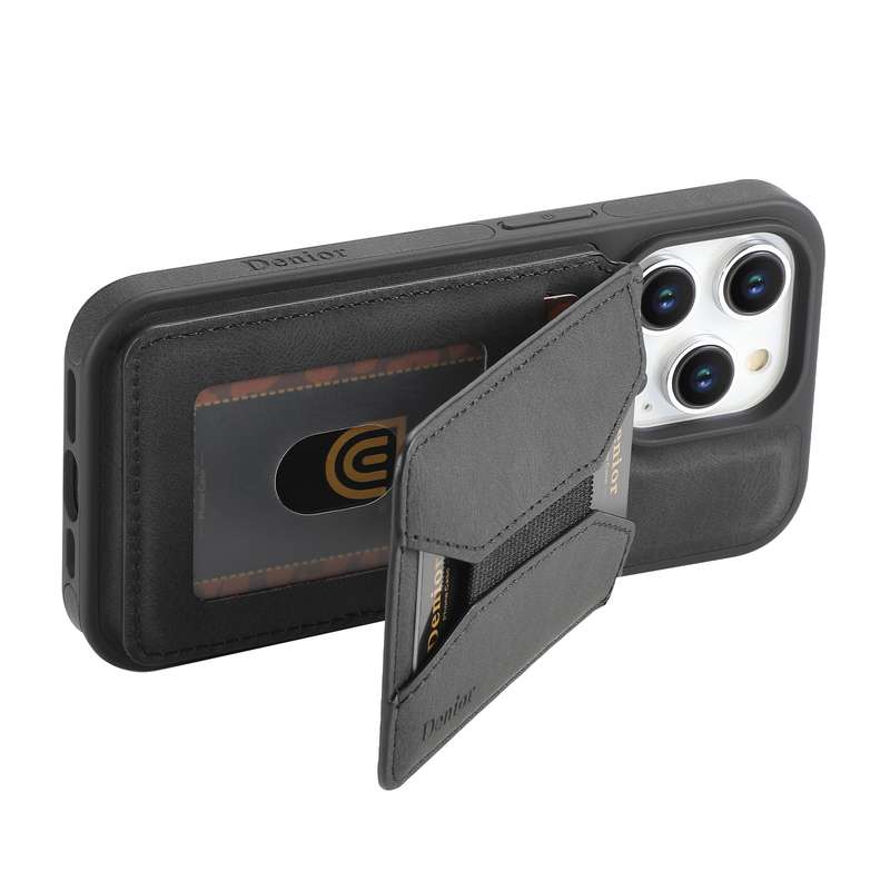 For iPhone 15 Pro Max Denior D18 Skin Feel Rotating Holder MagSafe Detachable Card Slot Phone C