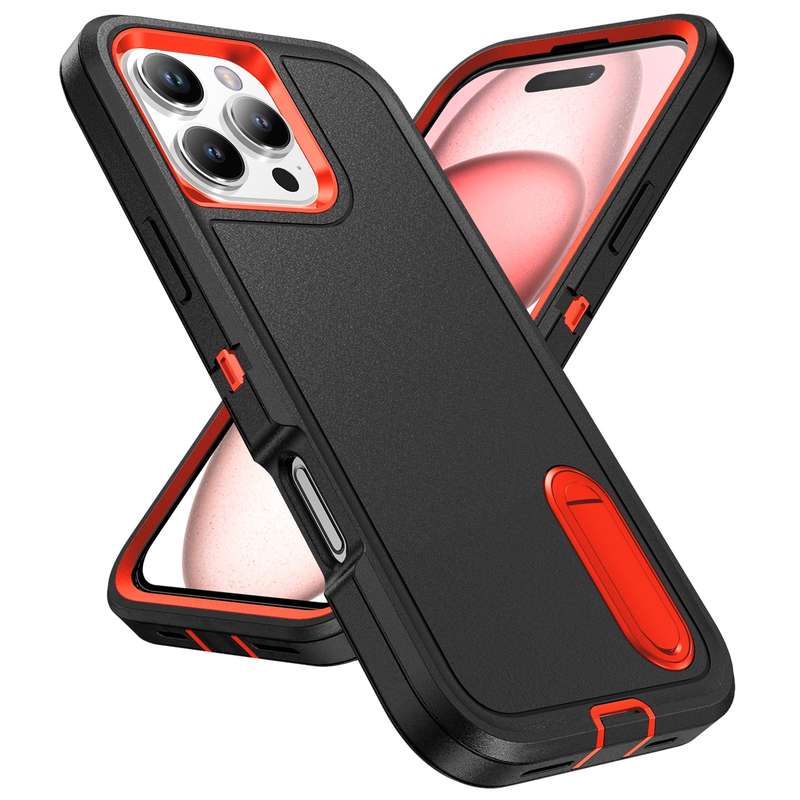 For iPhone 16 Pro Max Rugged PC + Silicone Phone Case with Holder(Black+Orange)