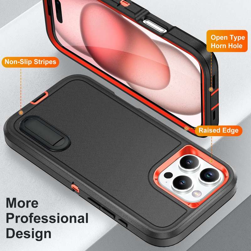 For iPhone 16 Pro Max Rugged PC + Silicone Phone Case with Holder(Black+Orange)