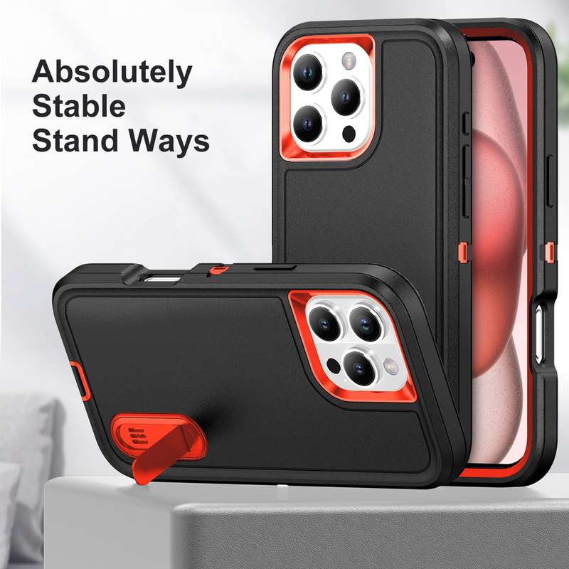 For iPhone 16 Pro Max Rugged PC + Silicone Phone Case with Holder(Black+Orange)