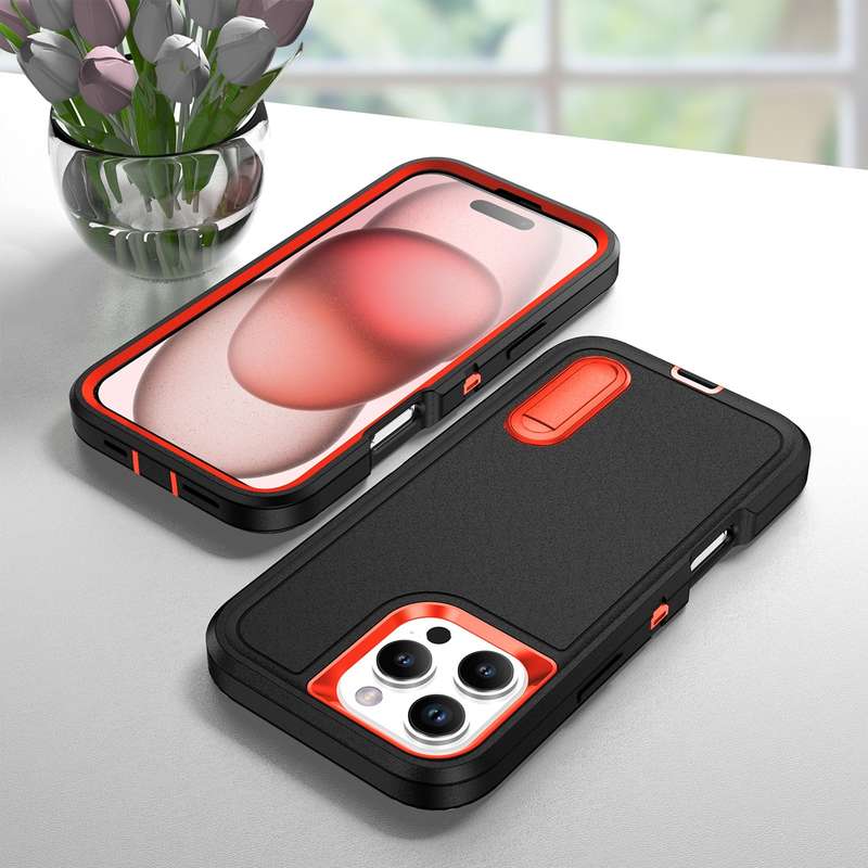 For iPhone 16 Pro Max Rugged PC + Silicone Phone Case with Holder(Black+Orange)