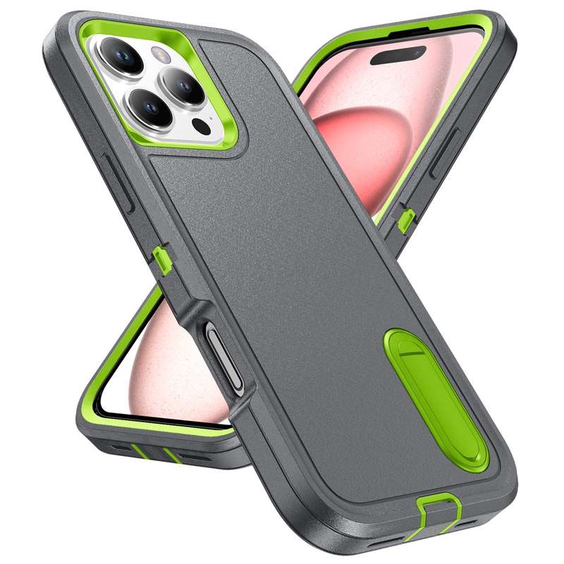 For iPhone 16 Pro Max Rugged PC + Silicone Phone Case with Holder(Grey+Fresh Green)