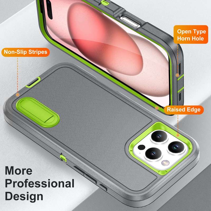 For iPhone 16 Pro Max Rugged PC + Silicone Phone Case with Holder(Grey+Fresh Green)