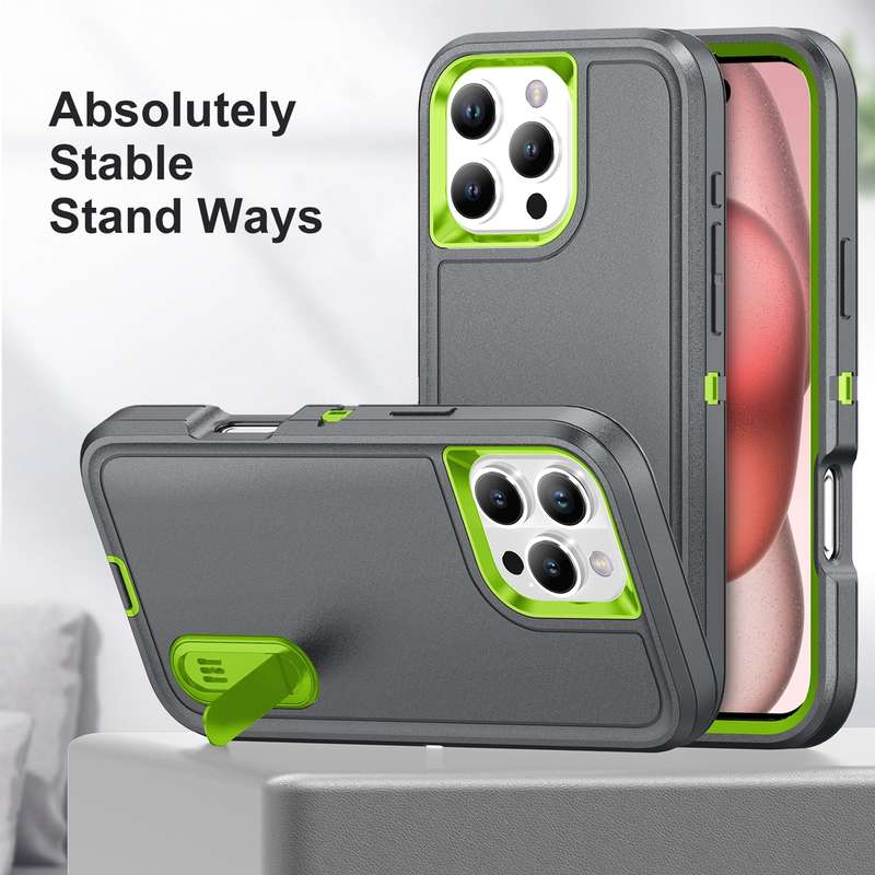 For iPhone 16 Pro Max Rugged PC + Silicone Phone Case with Holder(Grey+Fresh Green)