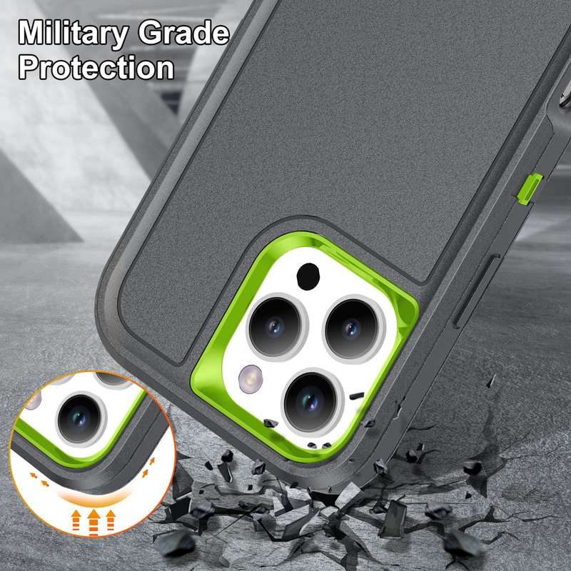 For iPhone 16 Pro Max Rugged PC + Silicone Phone Case with Holder(Grey+Fresh Green)