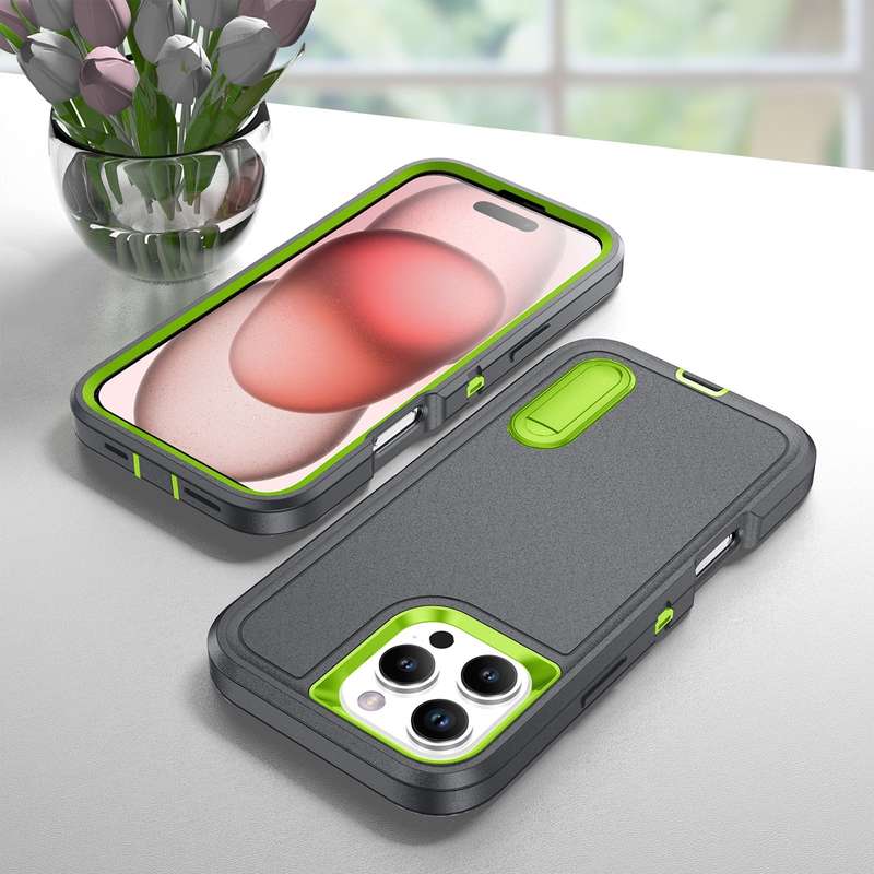 For iPhone 16 Pro Max Rugged PC + Silicone Phone Case with Holder(Grey+Fresh Green)
