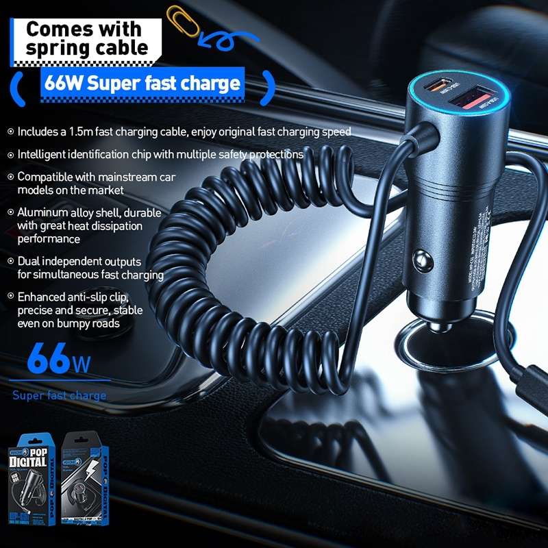 WEKOME WP-C51 Pop Digital Series 66W USB, USB-C / Type-C Car Charger with Charging Cable(Black)
